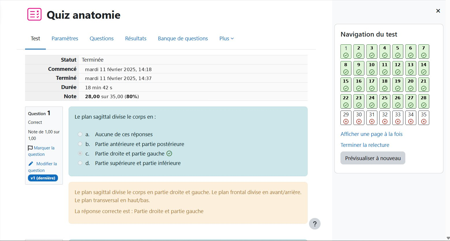 Page de correction d'un quiz avec feedback explicatif et tableau de progression